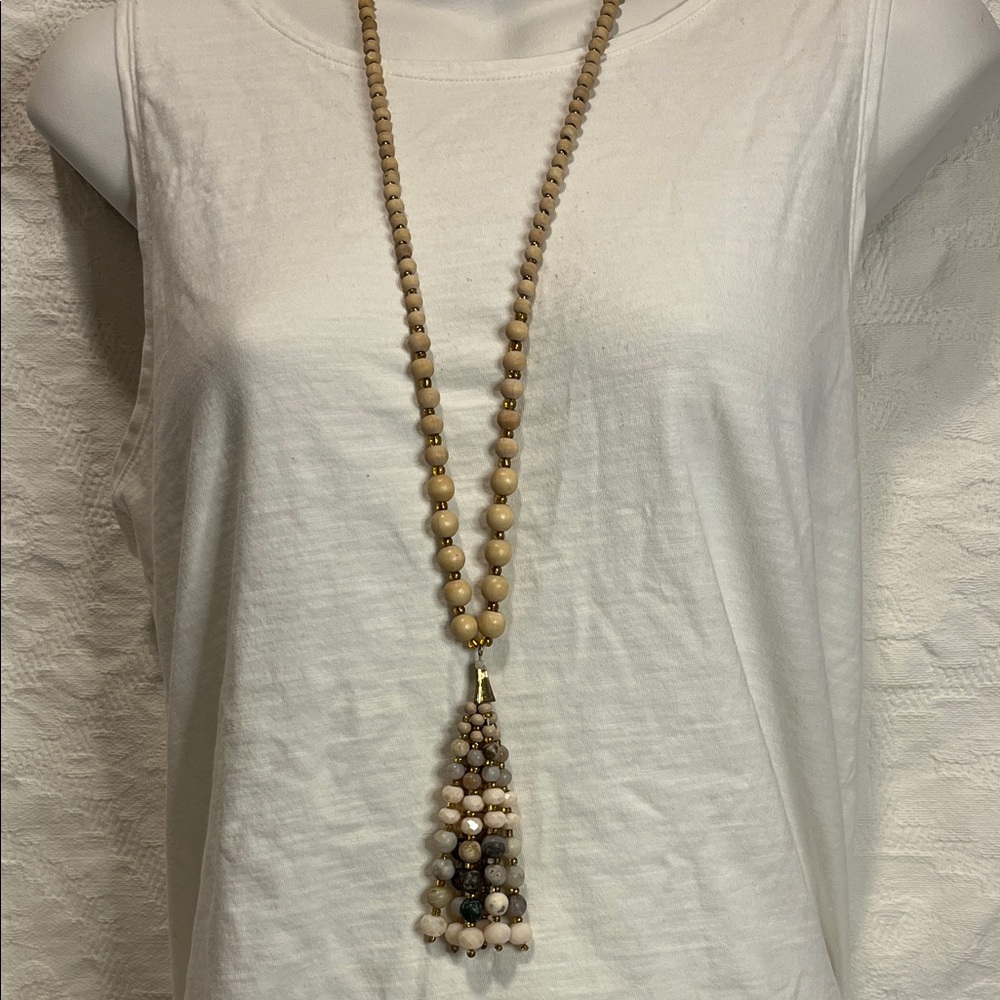 Graduated Wood Bead Necklace with Stone Pendant